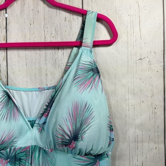 Fit 4 U Womens Plus Floral Print Mesh Splicing Blue Green One Piece Swimsuit - Picture 4 of 15